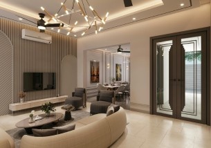 Dream Homes in Panchkula featuring luxury interior design with marble finishes, statement lighting, and plush furniture for an effortless, timeless look