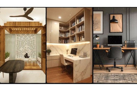 Modern pooja room and home office design in Panchkula with warm lighting and compact storage