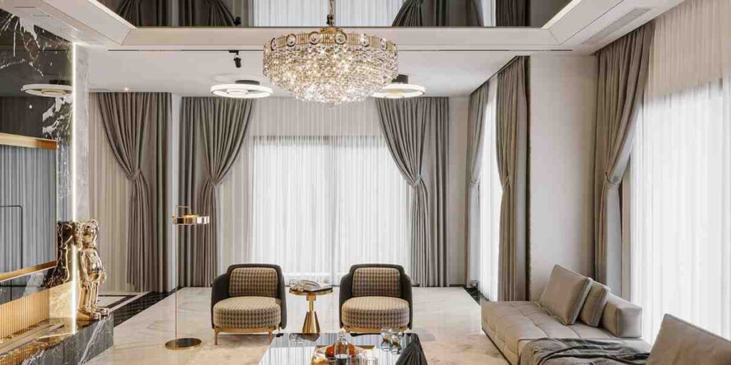 Affordable interior design in Chandigarh with a luxury-style living room, modern furniture, smart lighting, and budget-friendly décor for stylish homes.