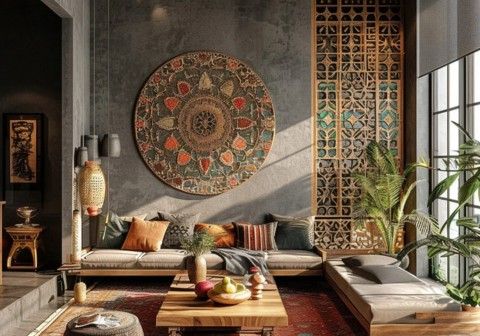 modern Indian fusion interior design Chandigarh phulkari decor brass accents contemporary home