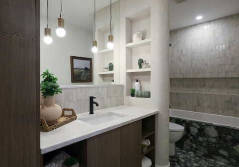 bathroom interior design for 2BHK in Panchkula with vitrified tiles and wall hung WC