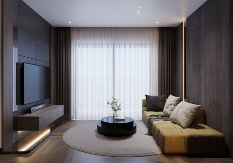 living room interior design for 2BHK in Panchkula with modern sofa TV unit and lighting
