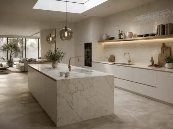 Rendering 3D cucina moderna open space Milano — consulenza interior design online Aryelia