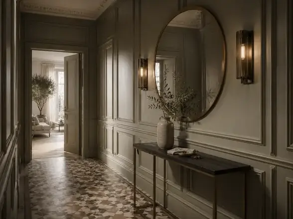 Rendering 3D ingresso appartamento Milano — progettazione 3D interni online Aryelia