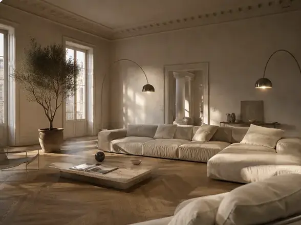 Rendering 3D soggiorno contemporaneo Milano — progettazione interni online Aryelia Design Studio